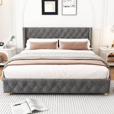 Upholstered King Size Bed With Slatted Frame And Headboard